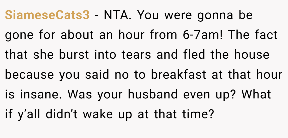 SiameseCats3 − NTA. You were gonna be gone for about an hour from 6-7am! The fact that she burst into tears and fled the house because you said no to breakfast at that hour is insane. Was your husband even up? What if y’all didn’t wake up at that time?