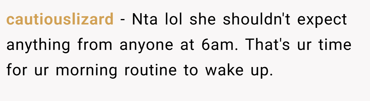 cautiouslizard − Nta lol she shouldn't expect anything from anyone at 6am. That's ur time for ur morning routine to wake up.