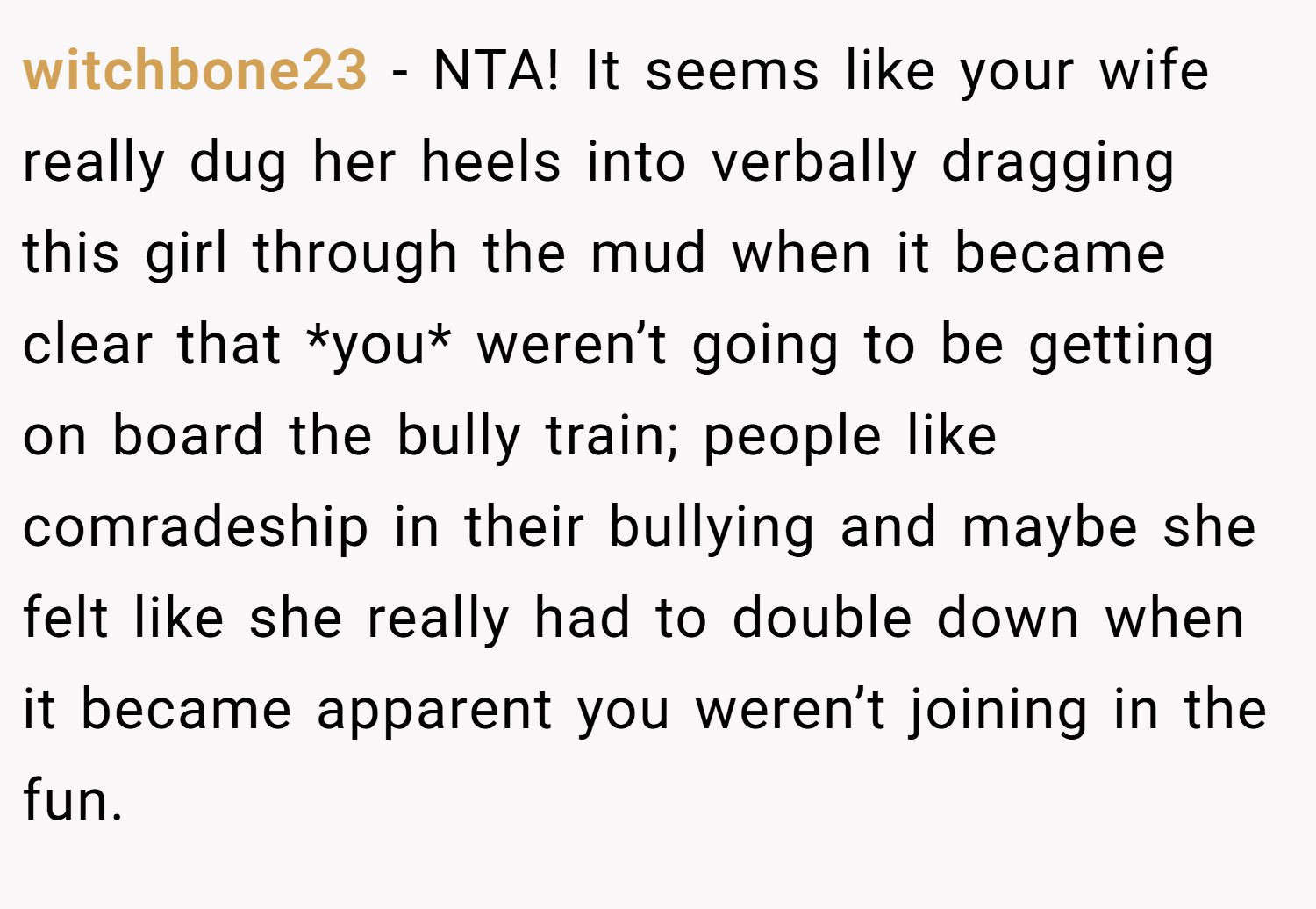 witchbone23 − NTA! It seems like your wife really dug her heels into verbally dragging this girl through the mud when it became clear that *you* weren’t going to be getting on board the bully train; people like comradeship in their bullying and maybe she felt like she really had to double down when it became apparent you weren’t joining in the fun.