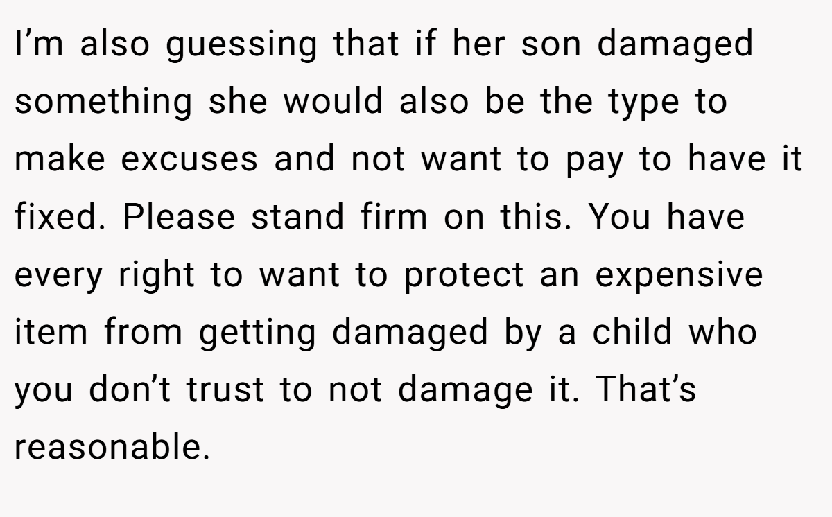 I’m also guessing that if her son damaged something she would also be the type to make excuses and not want to pay to have it fixed. Please stand firm on this. You have every right to want to protect an expensive item from getting damaged by a child who you don’t trust to not damage it. That’s reasonable.