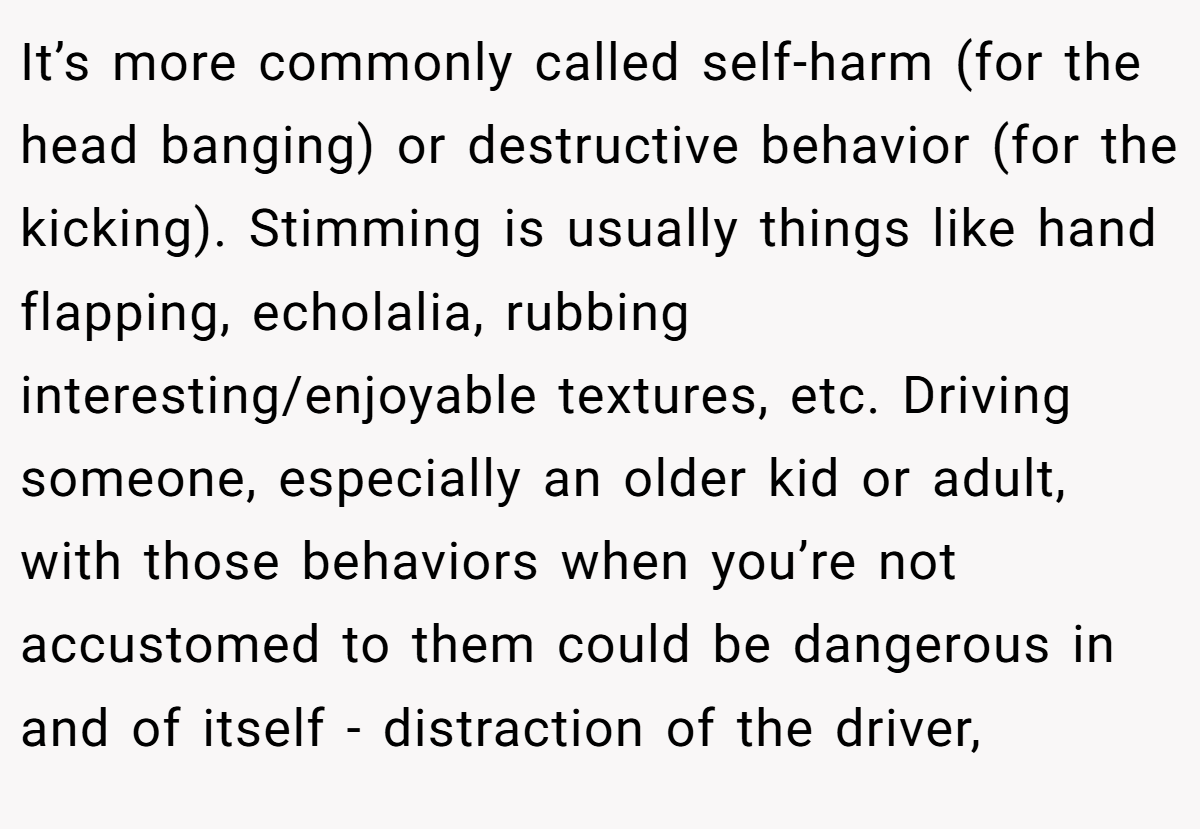 It’s more commonly called self-harm (for the head banging) or destructive behavior (for the kicking). Stimming is usually things like hand flapping, echolalia, rubbing interesting/enjoyable textures, etc. Driving someone, especially an older kid or adult, with those behaviors when you’re not accustomed to them could be dangerous in and of itself - distraction of the driver,