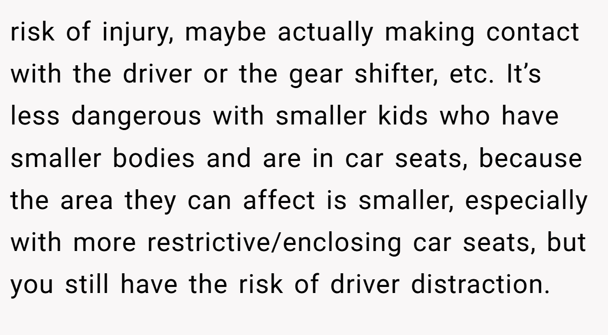 risk of injury, maybe actually making contact with the driver or the gear shifter, etc. It’s less dangerous with smaller kids who have smaller bodies and are in car seats, because the area they can affect is smaller, especially with more restrictive/enclosing car seats, but you still have the risk of driver distraction.