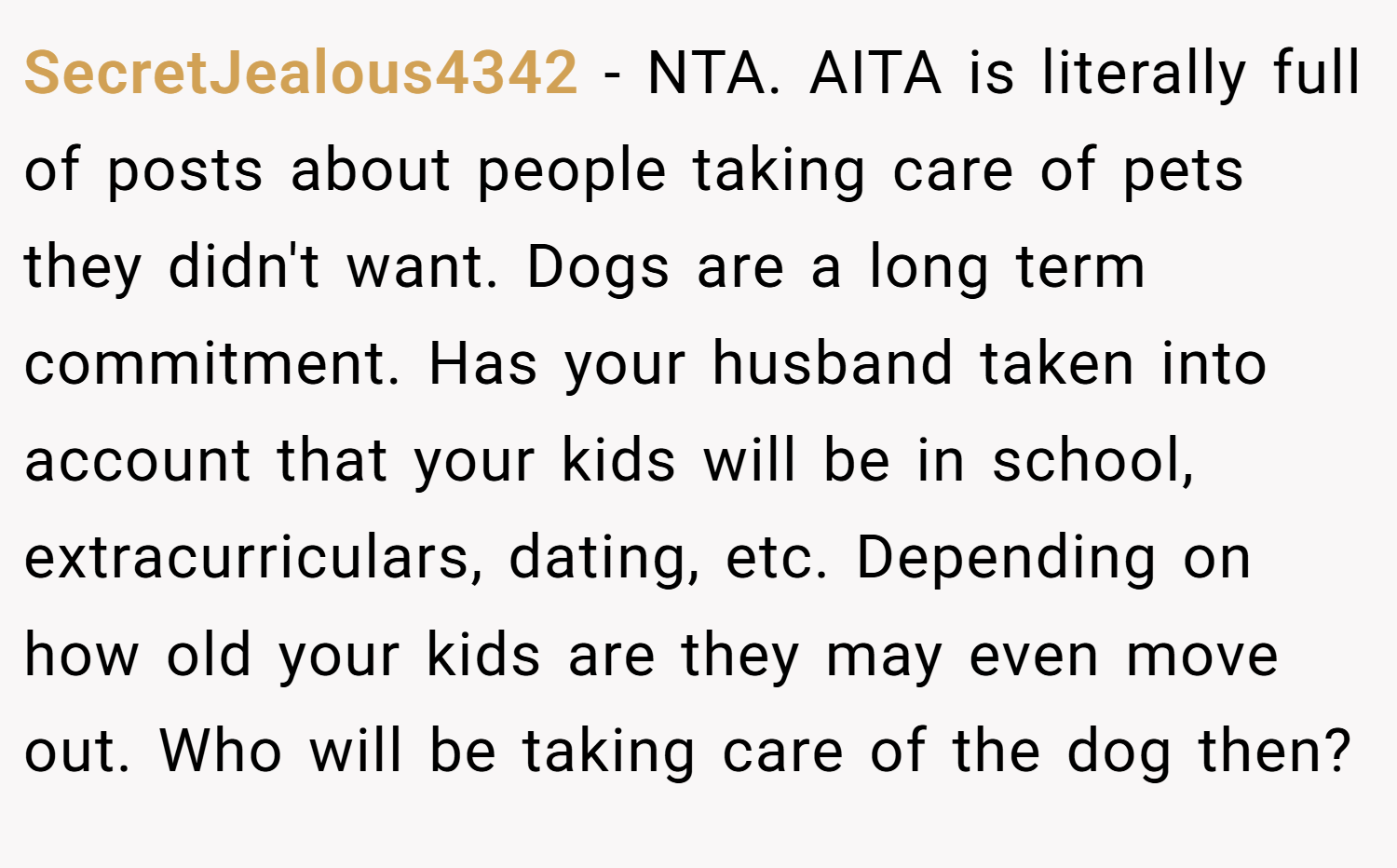 SecretJealous4342 − NTA. AITA is literally full of posts about people taking care of pets they didn't want. Dogs are a long term commitment. Has your husband taken into account that your kids will be in school, extracurriculars, dating, etc. Depending on how old your kids are they may even move out. Who will be taking care of the dog then?