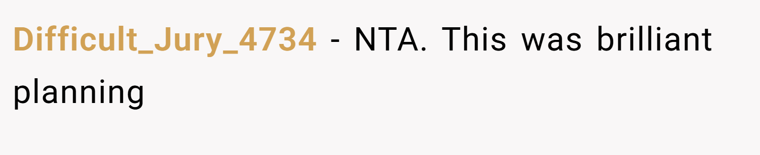 Difficult_Jury_4734 − NTA. This was brilliant planning