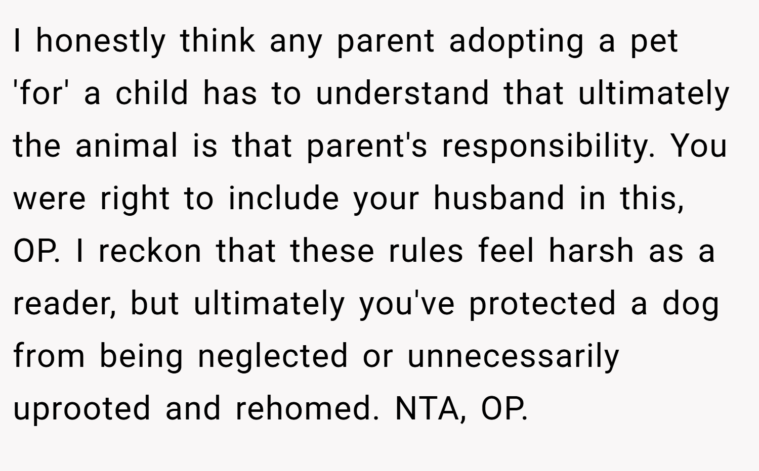 I honestly think any parent adopting a pet 'for' a child has to understand that ultimately the animal is that parent's responsibility. You were right to include your husband in this, OP. I reckon that these rules feel harsh as a reader, but ultimately you've protected a dog from being neglected or unnecessarily uprooted and rehomed. NTA, OP.