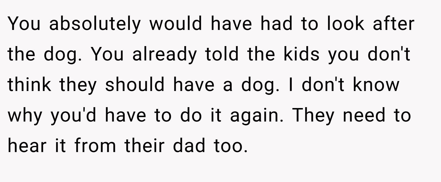 You absolutely would have had to look after the dog. You already told the kids you don't think they should have a dog. I don't know why you'd have to do it again. They need to hear it from their dad too.