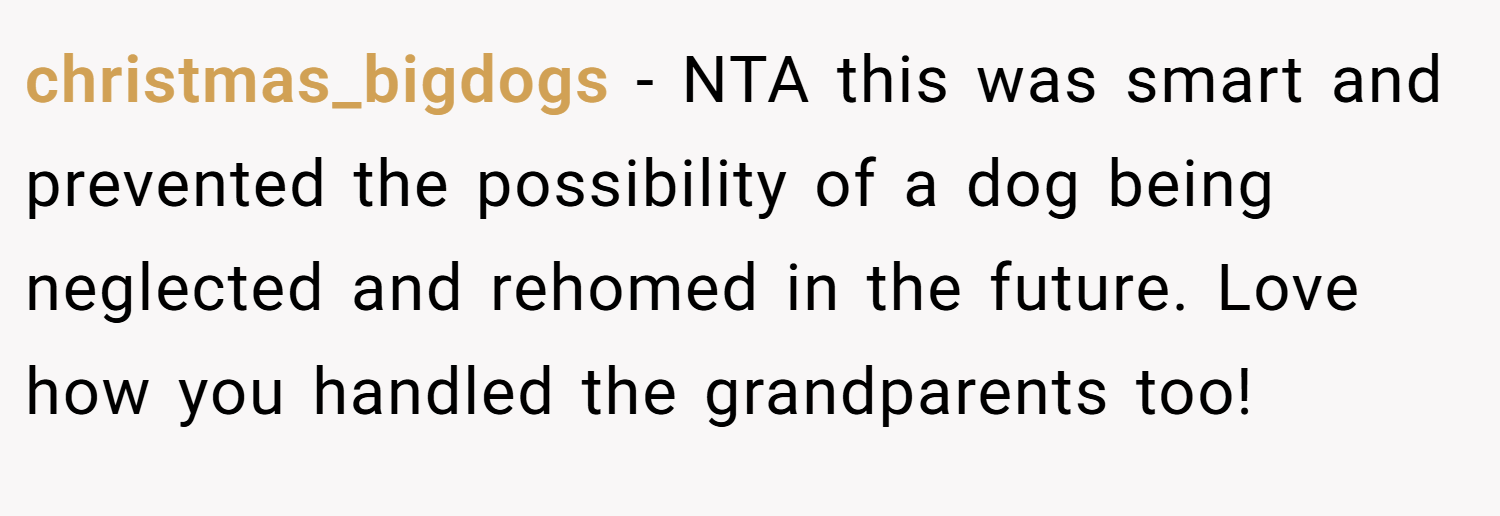 christmas_bigdogs − NTA this was smart and prevented the possibility of a dog being neglected and rehomed in the future. Love how you handled the grandparents too!