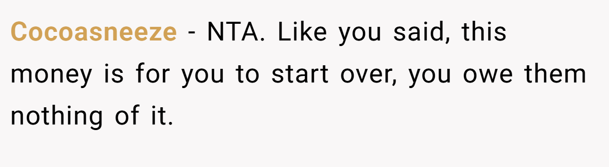 Cocoasneeze − NTA. Like you said, this money is for you to start over, you owe them nothing of it.