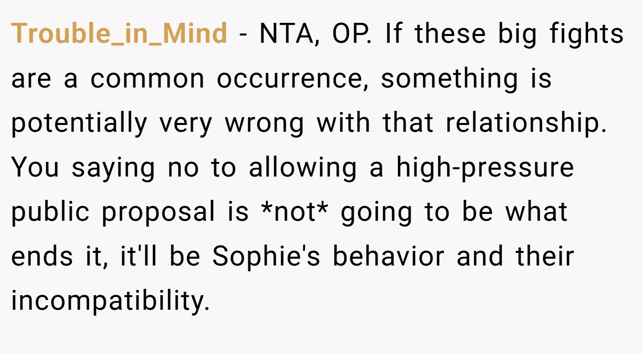 Trouble_in_Mind - NTA, OP. If these big fights are a common occurrence, something is potentially very wrong with that relationship. You saying no to allowing a high-pressure public proposal is *not* going to be what ends it, it'll be Sophie's behavior and their incompatibility.