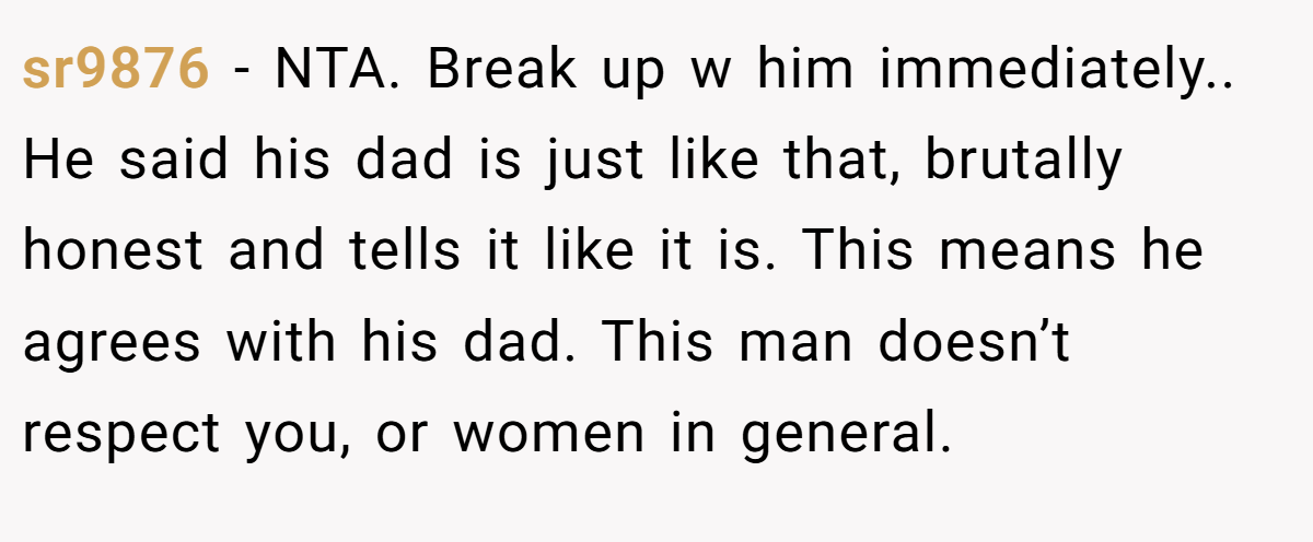 sr9876 − NTA. Break up w him immediately.. He said his dad is just like that, brutally honest and tells it like it is. This means he agrees with his dad. This man doesn’t respect you, or women in general.