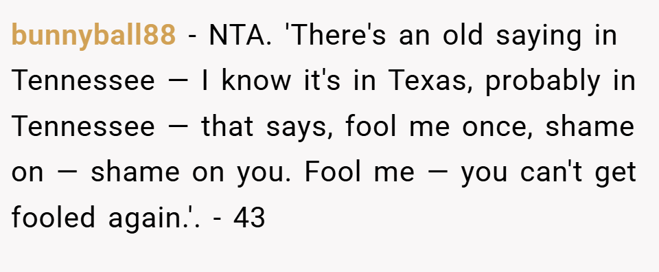 bunnyball88 − NTA. 'There's an old saying in Tennessee — I know it's in Texas, probably in Tennessee — that says, fool me once, shame on — shame on you. Fool me — you can't get fooled again.'. - 43