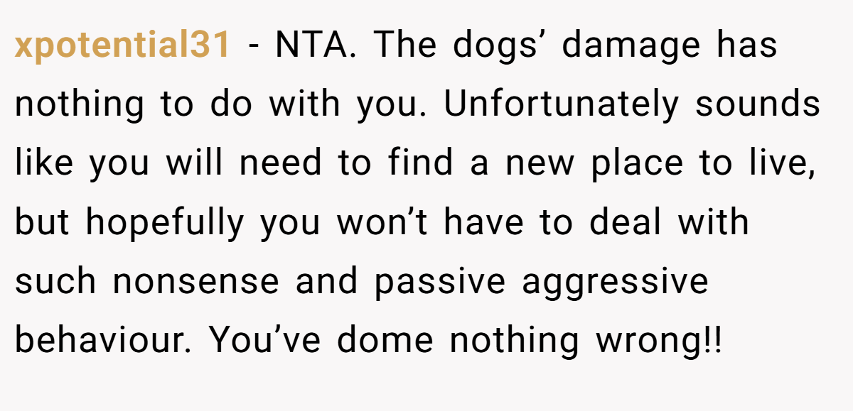 xpotential31 − NTA. The dogs’ damage has nothing to do with you. Unfortunately sounds like you will need to find a new place to live, but hopefully you won’t have to deal with such nonsense and passive aggressive behaviour. You’ve dome nothing wrong!!