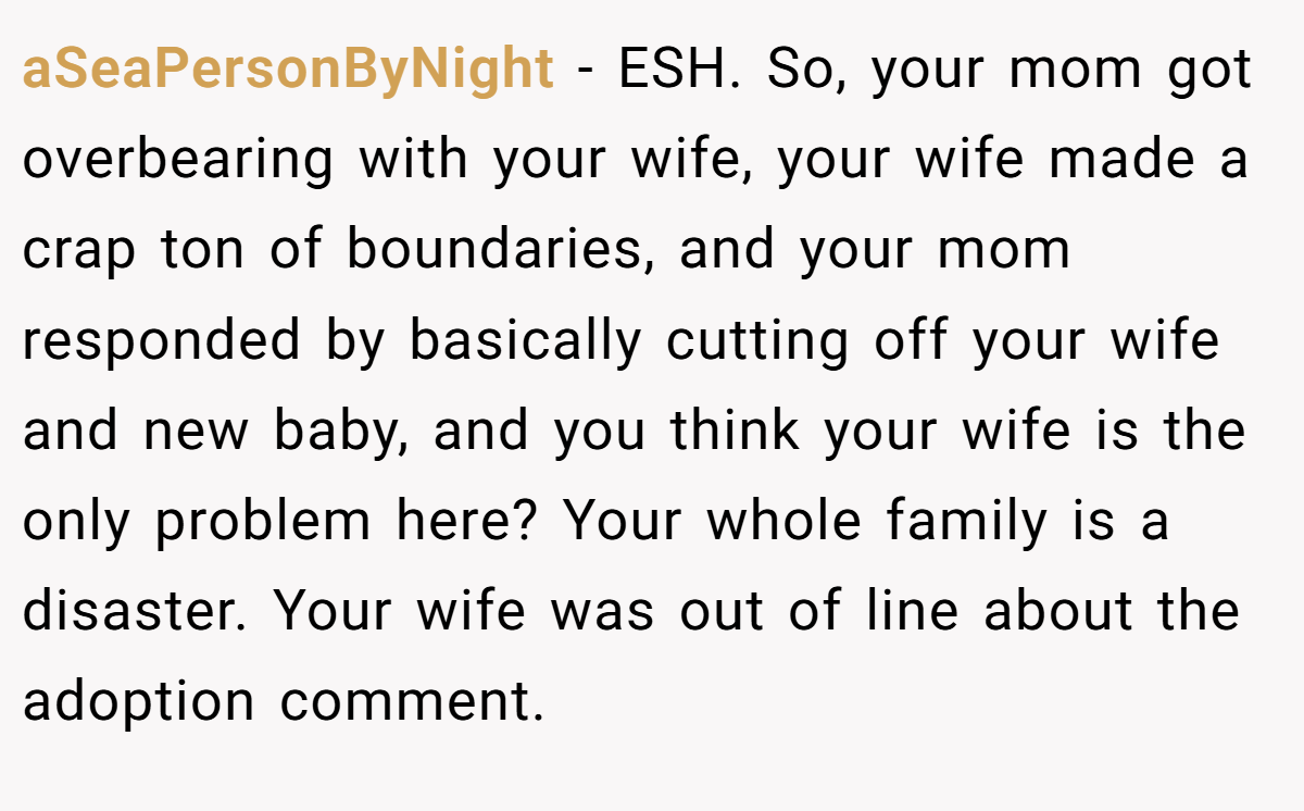 aSeaPersonByNight − ESH. So, your mom got overbearing with your wife, your wife made a crap ton of boundaries, and your mom responded by basically cutting off your wife and new baby, and you think your wife is the only problem here? Your whole family is a disaster. Your wife was out of line about the adoption comment.