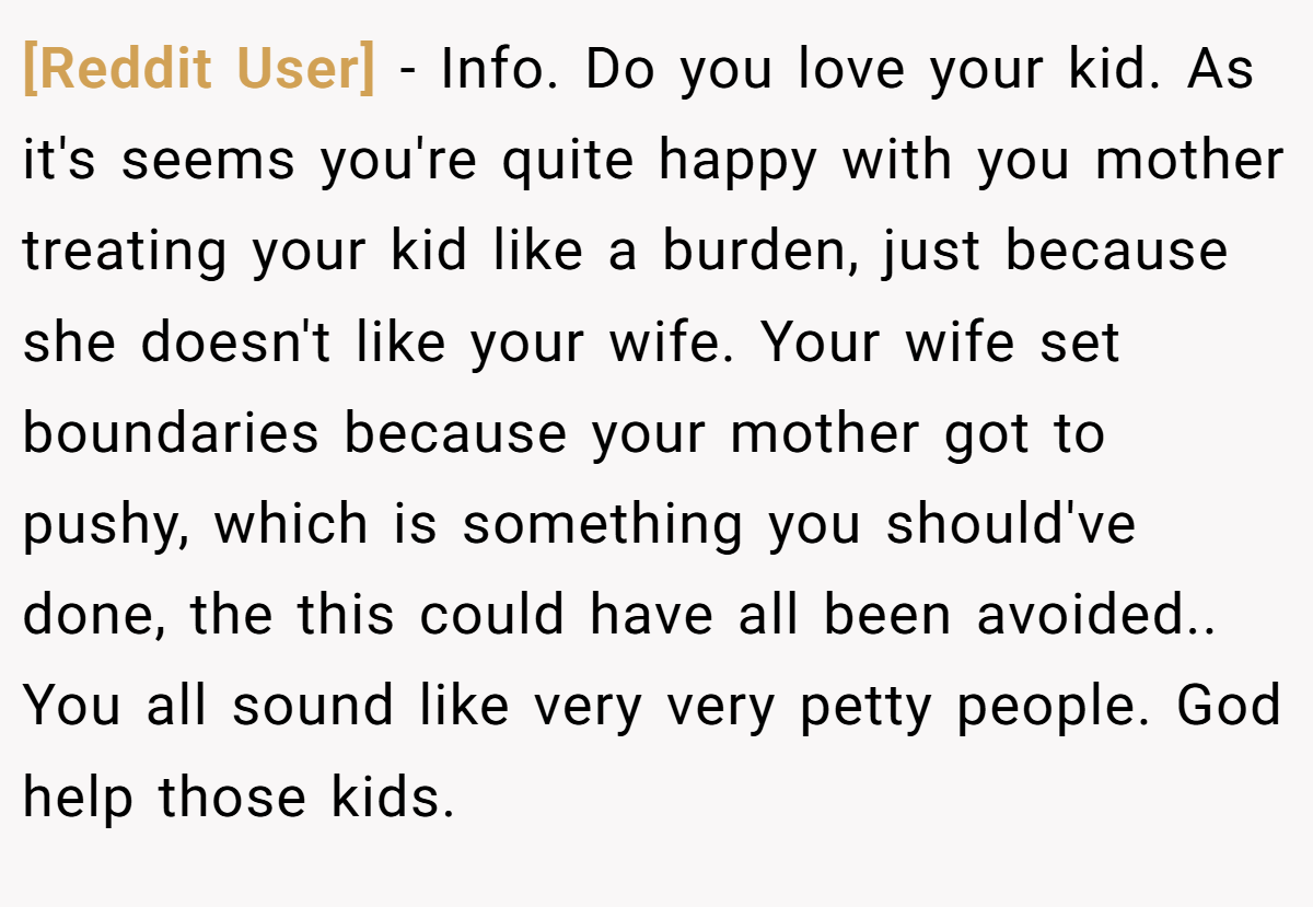 [Reddit User] − Info. Do you love your kid. As it's seems you're quite happy with you mother treating your kid like a burden, just because she doesn't like your wife. Your wife set boundaries because your mother got to pushy, which is something you should've done, the this could have all been avoided.. You all sound like very very petty people. God help those kids.