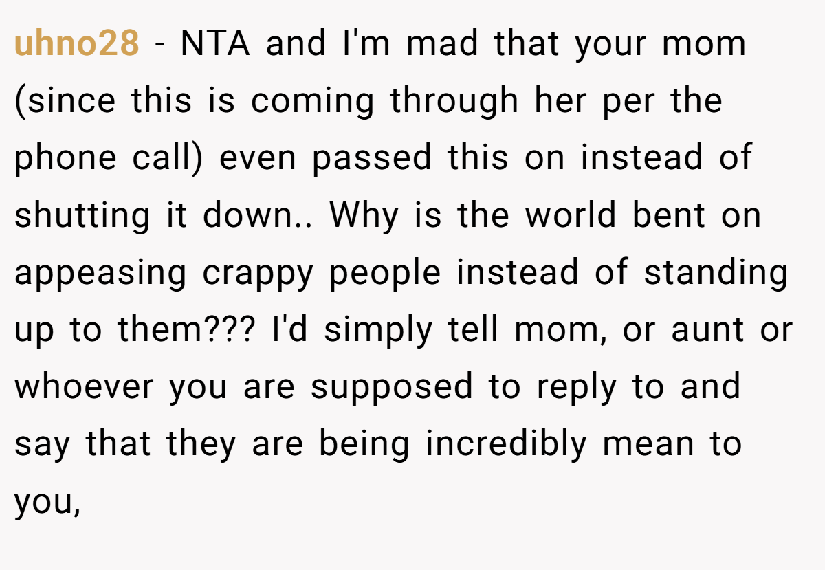 uhno28 − NTA and I'm mad that your mom (since this is coming through her per the phone call) even passed this on instead of shutting it down.. Why is the world bent on appeasing crappy people instead of standing up to them??? I'd simply tell mom, or aunt or whoever you are supposed to reply to and say that they are being incredibly mean to you,