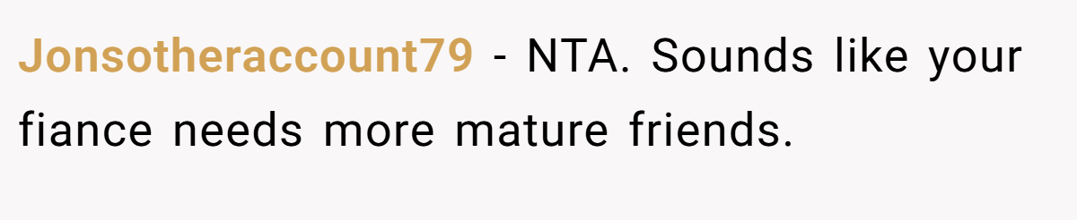 Jonsotheraccount79 − NTA. Sounds like your fiance needs more mature friends.