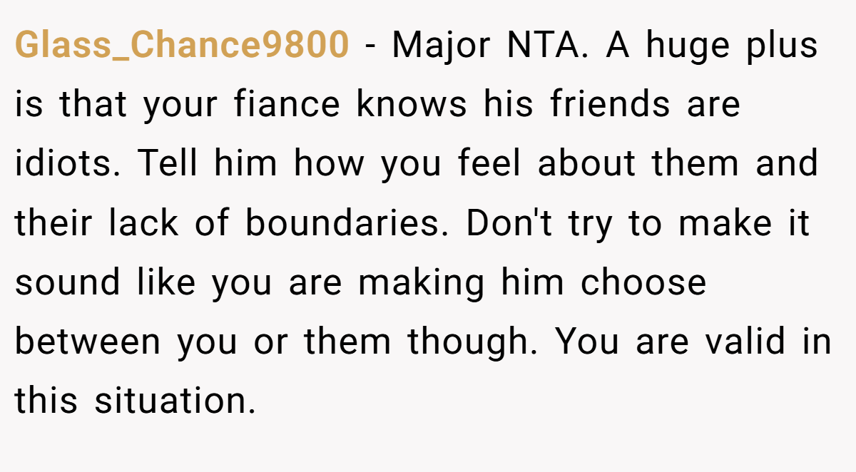 Glass_Chance9800 − Major NTA. A huge plus is that your fiance knows his friends are idiots. Tell him how you feel about them and their lack of boundaries. Don't try to make it sound like you are making him choose between you or them though. You are valid in this situation.