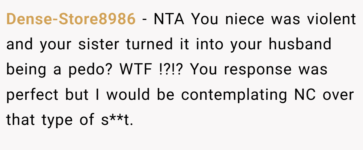 Dense-Store8986 − NTA You niece was violent and your sister turned it into your husband being a pedo? WTF !?!? You response was perfect but I would be contemplating NC over that type of s**t.