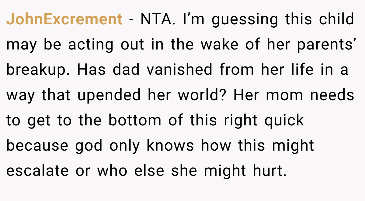 JohnExcrement − NTA. I’m guessing this child may be acting out in the wake of her parents’ breakup. Has dad vanished from her life in a way that upended her world? Her mom needs to get to the bottom of this right quick because god only knows how this might escalate or who else she might hurt.