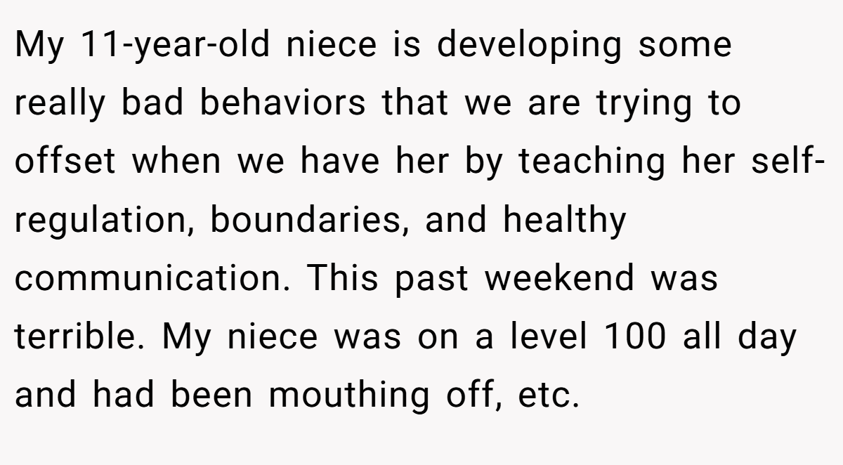 My 11-year-old niece is developing some really bad behaviors that we are trying to offset when we have her by teaching her self-regulation, boundaries, and healthy communication. This past weekend was terrible. My niece was on a level 100 all day and had been mouthing off, etc.