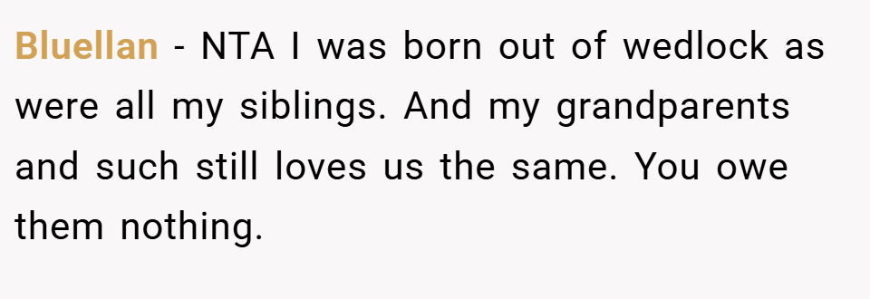 Bluellan − NTA I was born out of wedlock as were all my siblings. And my grandparents and such still loves us the same. You owe them nothing.
