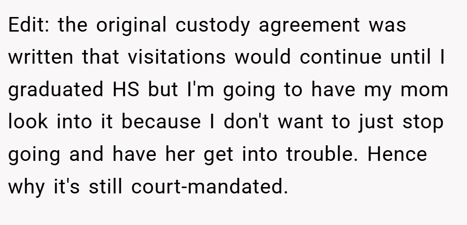 Edit: the original custody agreement was written that visitations would continue until I graduated HS but I'm going to have my mom look into it because I don't want to just stop going and have her get into trouble. Hence why it's still court-mandated.