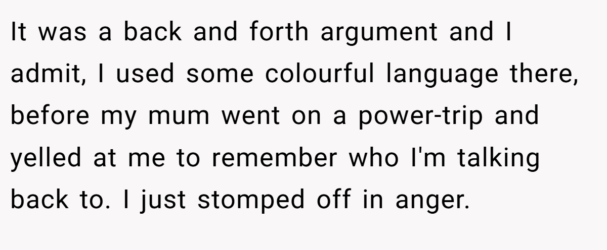 It was a back and forth argument and I admit, I used some colourful language there, before my mum went on a power-trip and yelled at me to remember who I'm talking back to. I just stomped off in anger.