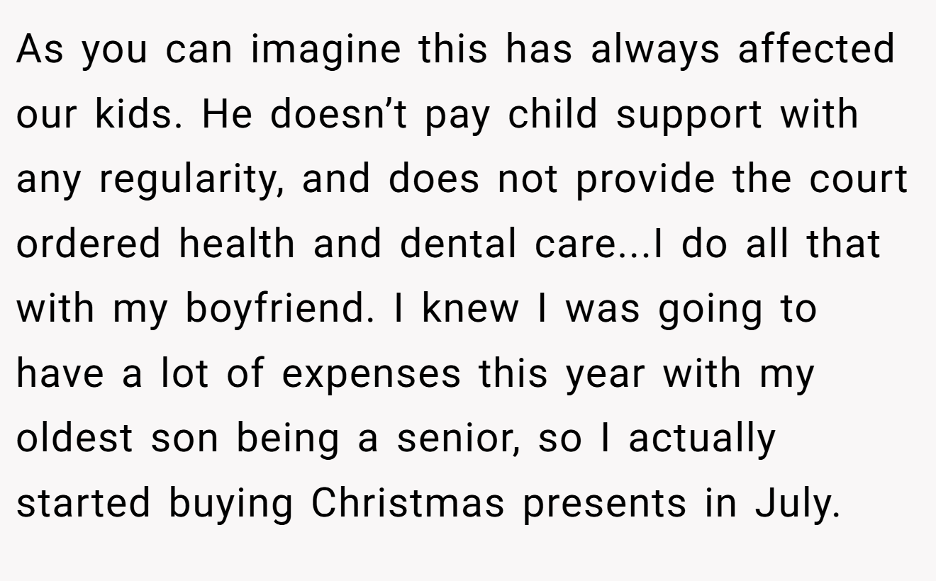 As you can imagine this has always affected our kids. He doesn’t pay child support with any regularity, and does not provide the court ordered health and dental care...I do all that with my boyfriend. I knew I was going to have a lot of expenses this year with my oldest son being a senior, so I actually started buying Christmas presents in July.