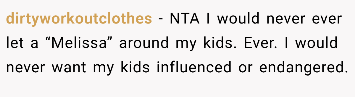 dirtyworkoutclothes − NTA I would never ever let a “Melissa” around my kids. Ever. I would never want my kids influenced or endangered.