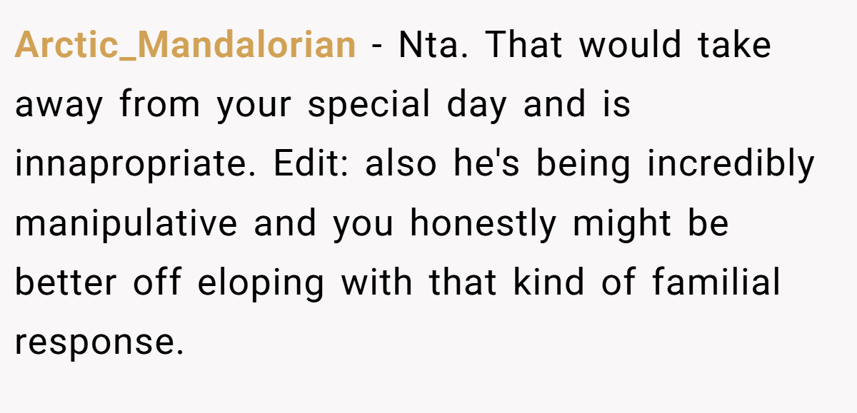 Arctic_Mandalorian - Nta. That would take away from your special day and is innapropriate. Edit: also he's being incredibly manipulative and you honestly might be better off eloping with that kind of familial response.
