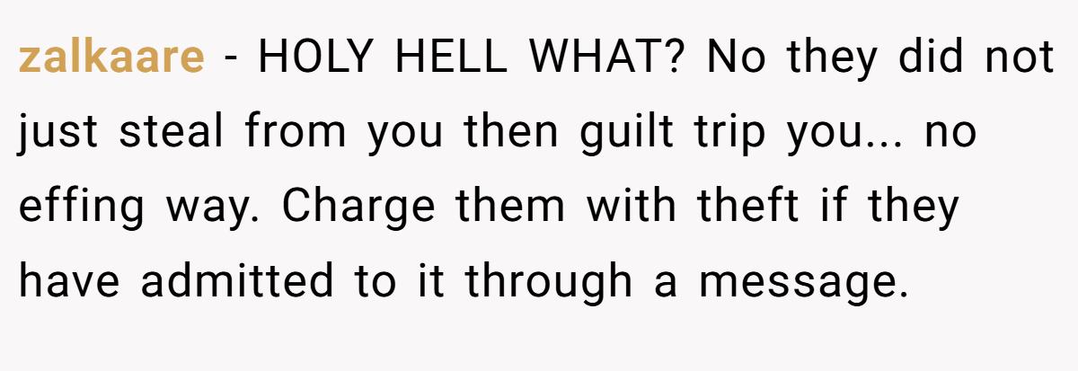 zalkaare − HOLY HELL WHAT? No they did not just steal from you then guilt trip you... no effing way. Charge them with theft if they have admitted to it through a message.