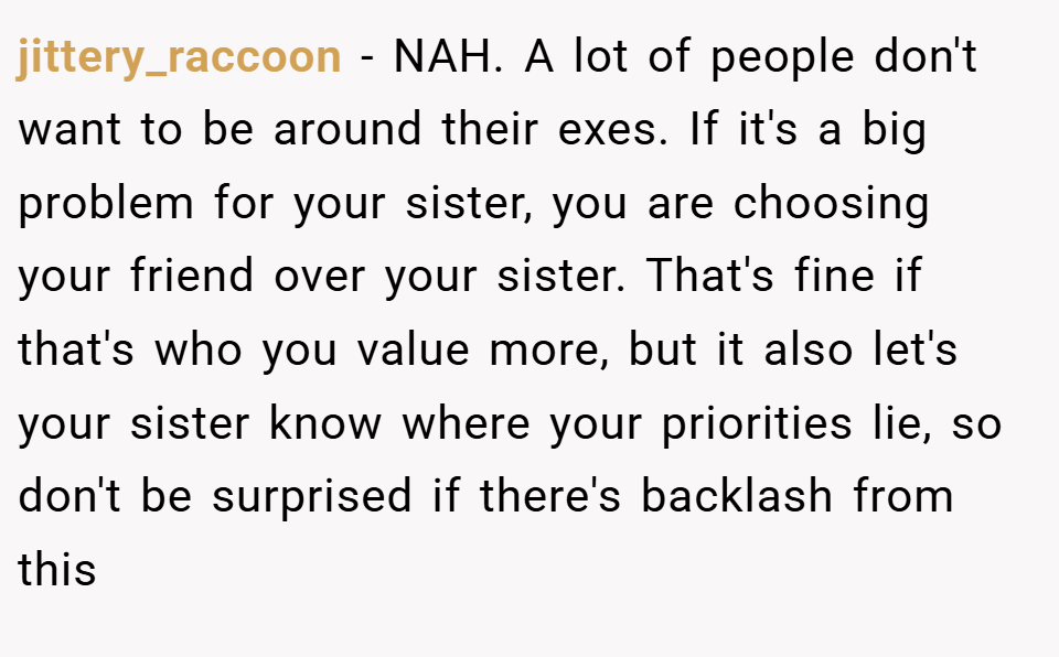 jittery_raccoon − NAH. A lot of people don't want to be around their exes. If it's a big problem for your sister, you are choosing your friend over your sister. That's fine if that's who you value more, but it also let's your sister know where your priorities lie, so don't be surprised if there's backlash from this