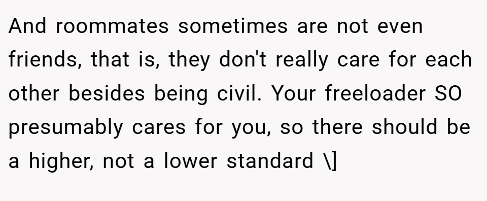 And roommates sometimes are not even friends, that is, they don't really care for each other besides being civil. Your freeloader SO presumably cares for you, so there should be a higher, not a lower standard \]