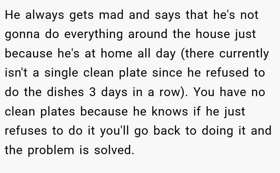 He always gets mad and says that he's not gonna do everything around the house just because he's at home all day (there currently isn't a single clean plate since he refused to do the dishes 3 days in a row). You have no clean plates because he knows if he just refuses to do it you'll go back to doing it and the problem is solved.
