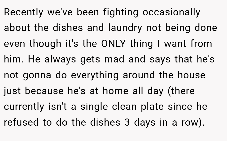 Recently we've been fighting occasionally about the dishes and laundry not being done even though it's the ONLY thing I want from him. He always gets mad and says that he's not gonna do everything around the house just because he's at home all day (there currently isn't a single clean plate since he refused to do the dishes 3 days in a row).