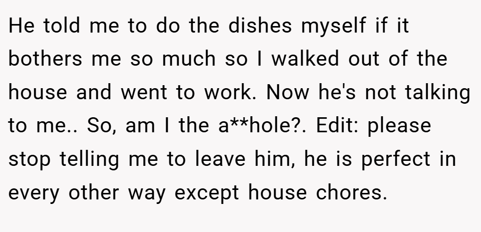 He told me to do the dishes myself if it bothers me so much so I walked out of the house and went to work. Now he's not talking to me.. So, am I the a**hole?. Edit: please stop telling me to leave him, he is perfect in every other way except house chores.