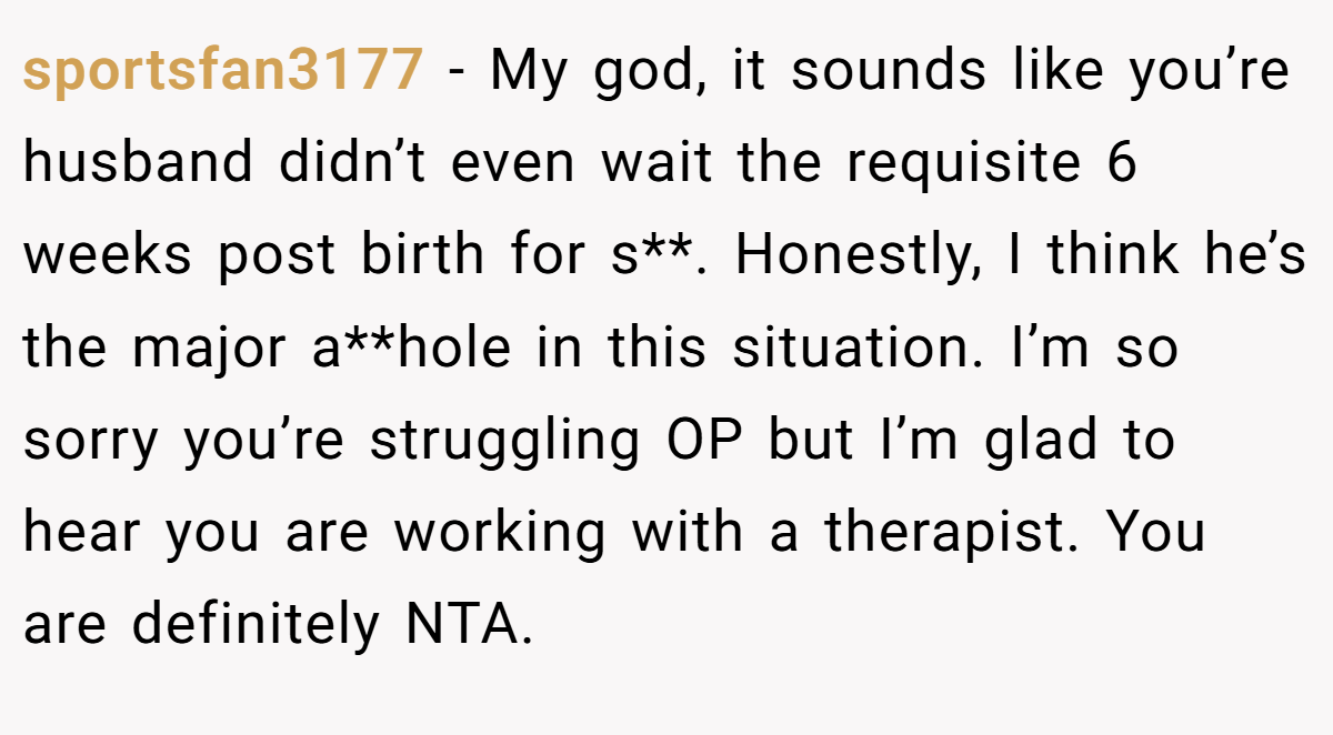 sportsfan3177 − My god, it sounds like you’re husband didn’t even wait the requisite 6 weeks post birth for s**. Honestly, I think he’s the major a**hole in this situation. I’m so sorry you’re struggling OP but I’m glad to hear you are working with a therapist. You are definitely NTA.