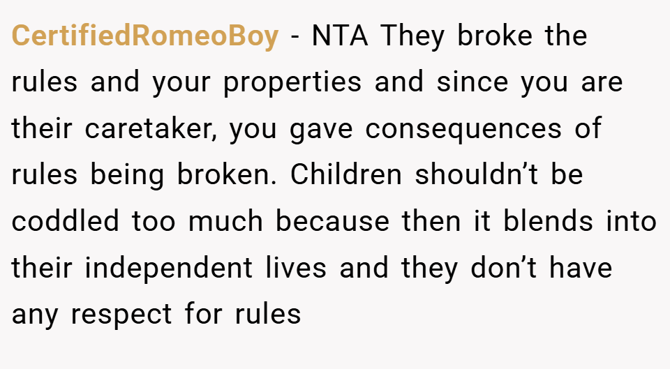 CertifiedRomeoBoy − NTA They broke the rules and your properties and since you are their caretaker, you gave consequences of rules being broken. Children shouldn’t be coddled too much because then it blends into their independent lives and they don’t have any respect for rules