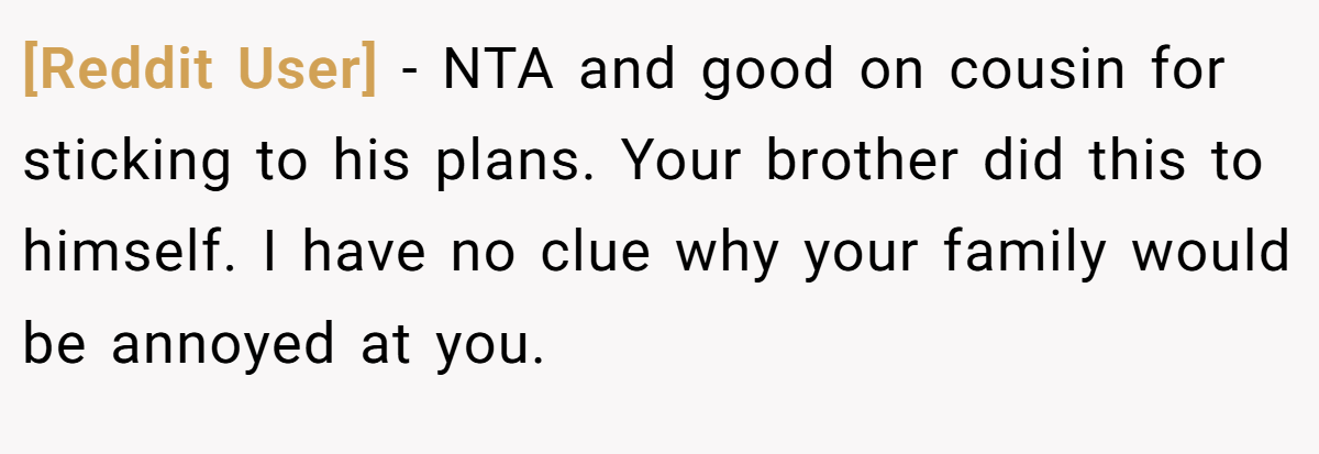 [Reddit User] - NTA and good on cousin for sticking to his plans. Your brother did this to himself. I have no clue why your family would be annoyed at you.