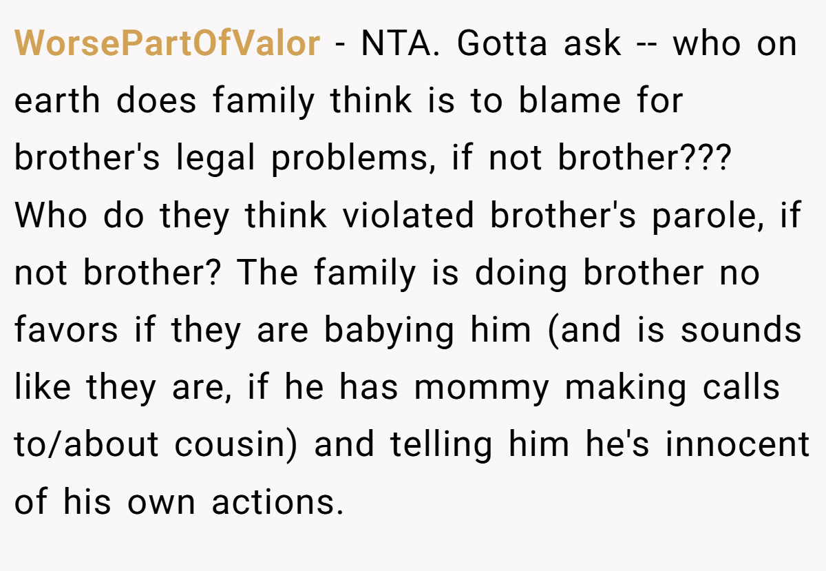 WorsePartOfValor - NTA. Gotta ask -- who on earth does family think is to blame for brother's legal problems, if not brother??? Who do they think violated brother's parole, if not brother? The family is doing brother no favors if they are babying him (and is sounds like they are, if he has mommy making calls to/about cousin) and telling him he's innocent of his own actions.