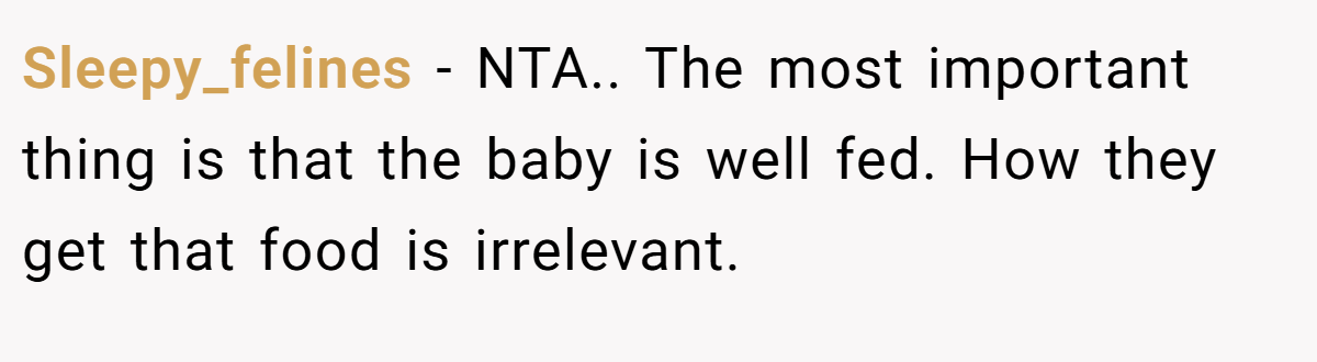 Sleepy_felines − NTA.. The most important thing is that the baby is well fed. How they get that food is irrelevant.