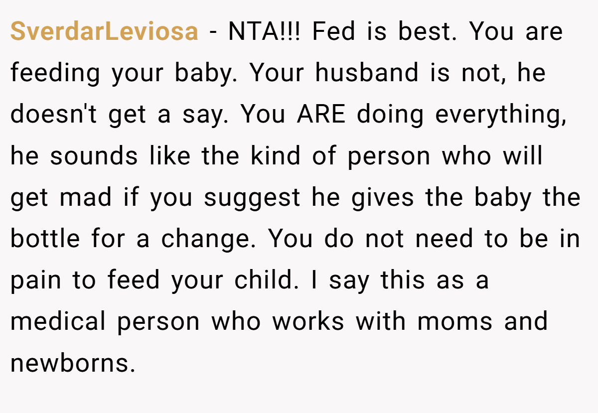 SverdarLeviosa − NTA!!! Fed is best. You are feeding your baby. Your husband is not, he doesn't get a say. You ARE doing everything, he sounds like the kind of person who will get mad if you suggest he gives the baby the bottle for a change. You do not need to be in pain to feed your child. I say this as a medical person who works with moms and newborns.