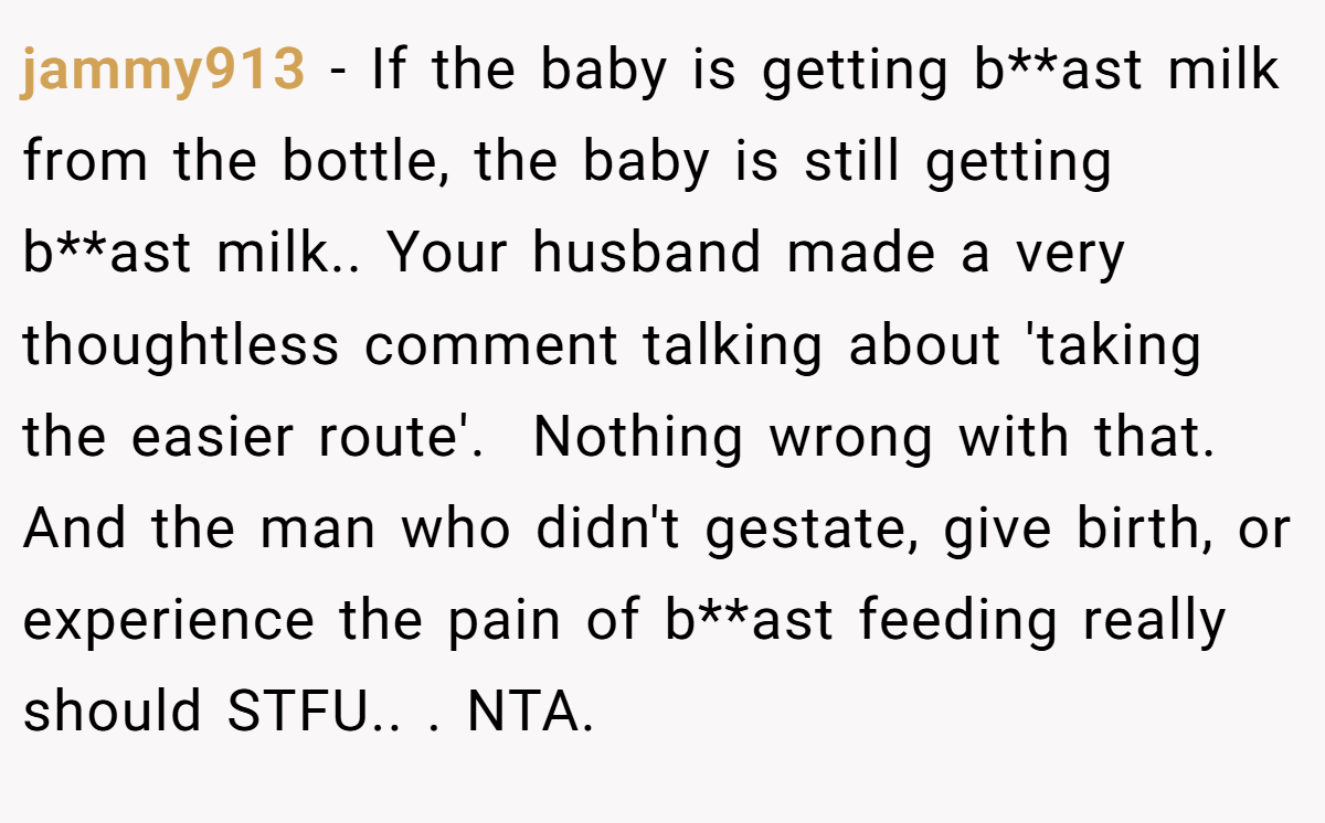 jammy913 − If the baby is getting b**ast milk from the bottle, the baby is still getting b**ast milk.. Your husband made a very thoughtless comment talking about 'taking the easier route'. ​ Nothing wrong with that. And the man who didn't gestate, give birth, or experience the pain of b**ast feeding really should STFU.. ​. NTA.