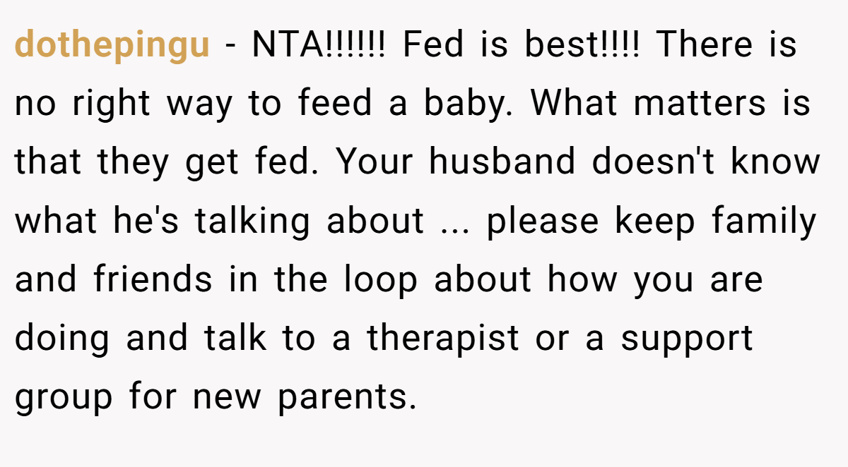 dothepingu − NTA!!!!!! Fed is best!!!! There is no right way to feed a baby. What matters is that they get fed. Your husband doesn't know what he's talking about ... please keep family and friends in the loop about how you are doing and talk to a therapist or a support group for new parents.