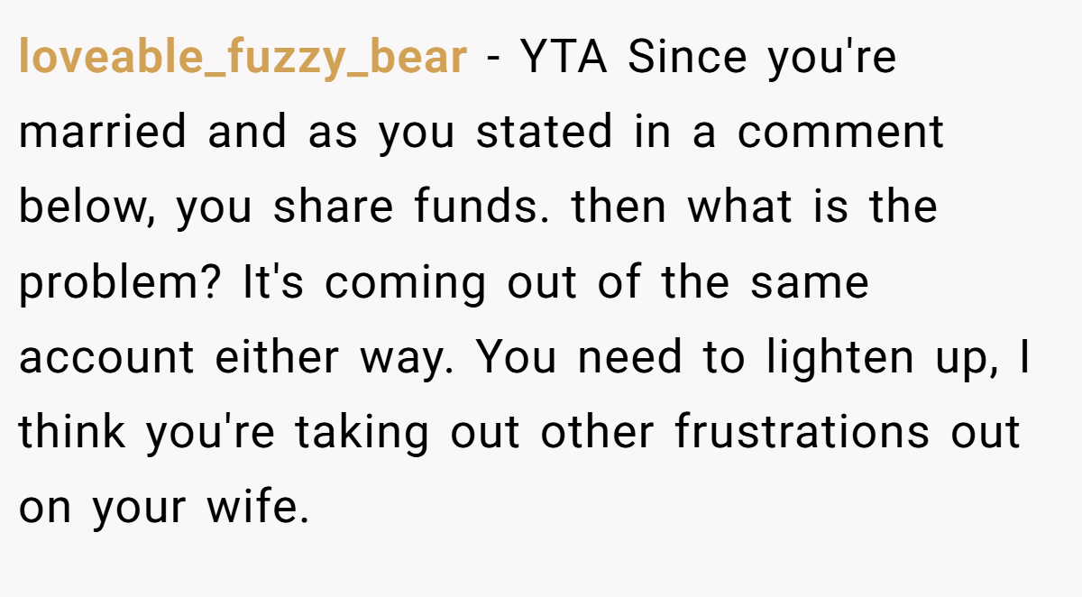 loveable_fuzzy_bear − YTA Since you're married and as you stated in a comment below, you share funds. then what is the problem? It's coming out of the same account either way. You need to lighten up, I think you're taking out other frustrations out on your wife.