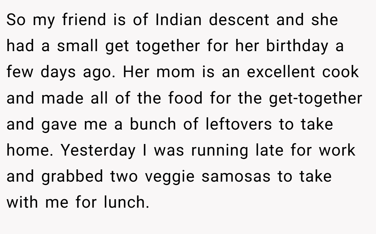 So my friend is of Indian descent and she had a small get together for her birthday a few days ago. Her mom is an excellent cook and made all of the food for the get-together and gave me a bunch of leftovers to take home. Yesterday I was running late for work and grabbed two veggie samosas to take with me for lunch.