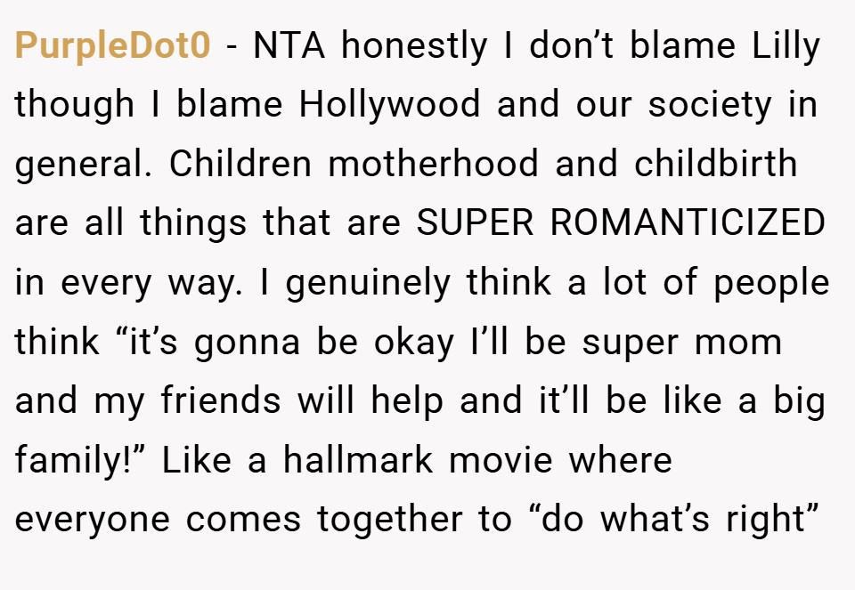 PurpleDot0 − NTA honestly I don’t blame Lilly though I blame Hollywood and our society in general. Children motherhood and childbirth are all things that are SUPER ROMANTICIZED in every way. I genuinely think a lot of people think “it’s gonna be okay I’ll be super mom and my friends will help and it’ll be like a big family!” Like a hallmark movie where everyone comes together to “do what’s right”