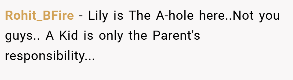 Rohit_BFire − Lily is The A-hole here..Not you guys.. A Kid is only the Parent's responsibility...