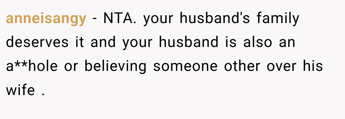 anneisangy − NTA. your husband's family deserves it and your husband is also an a**hole or believing someone other over his wife .