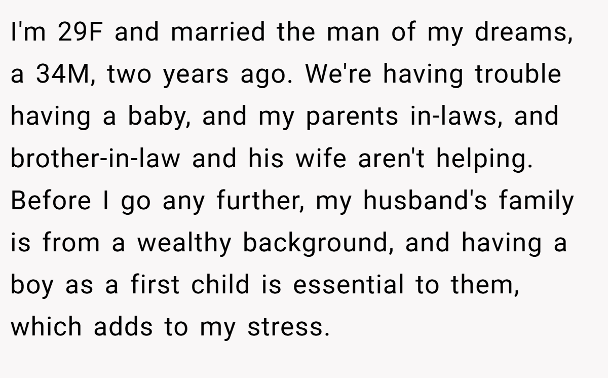 I'm 29F and married the man of my dreams, a 34M, two years ago. We're having trouble having a baby, and my parents in-laws, and brother-in-law and his wife aren't helping. Before I go any further, my husband's family is from a wealthy background, and having a boy as a first child is essential to them, which adds to my stress.